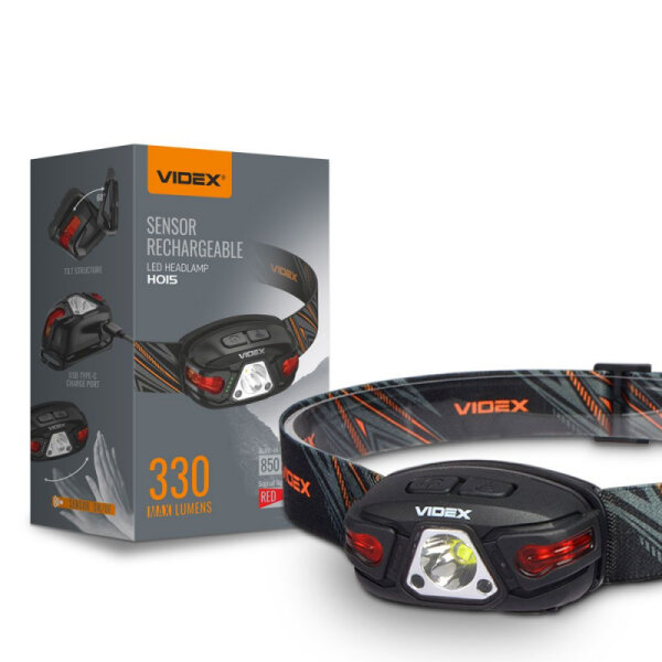 Wiederaufladbare LED-Stirnlampe VIDEX VLF-H015 330Lm 5000K Kopflampe mit Bewegungssensor und Rotlicht Headlamp