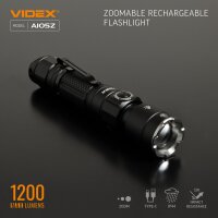 WIEDERAUFLADBARE LED-TASCHENLAMPE VIDEX VLF-A105Z 1200Lm 5000K Portable Flashlight